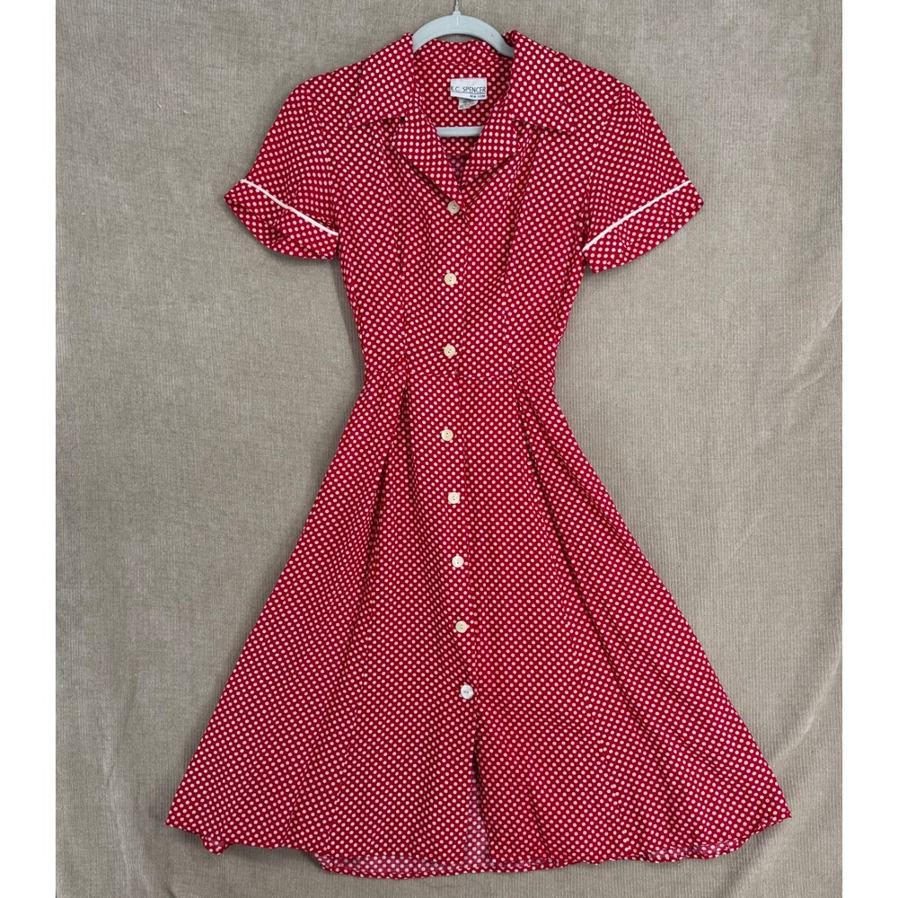 Vintage KC Spencer Red Polka Dot Button Front Midi Dress Pinup Rockabilly Size 8